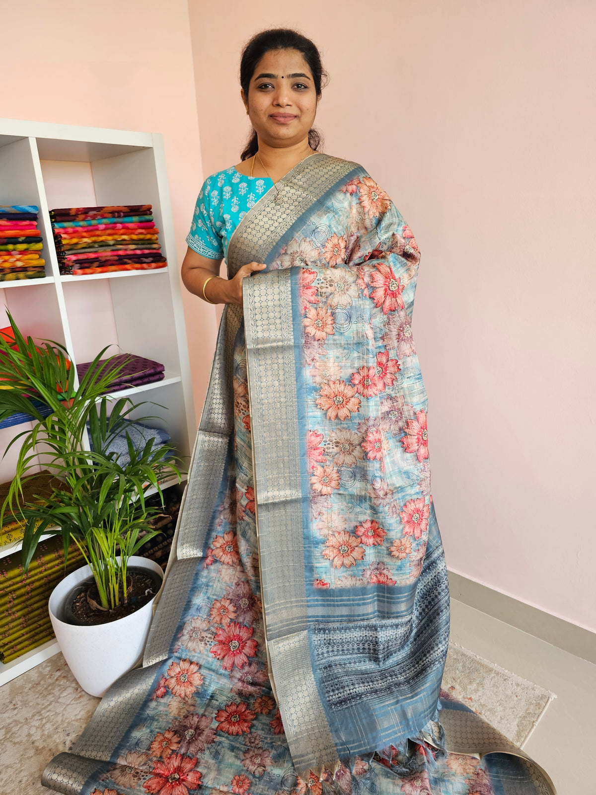 Semi Tussar with Classy Borders  - Blue