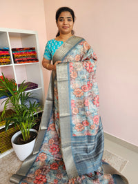 Semi Tussar with Classy Borders  - Blue