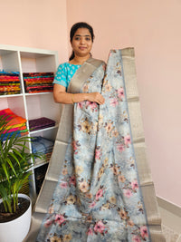 Semi Tussar with Classy Borders  - Blue