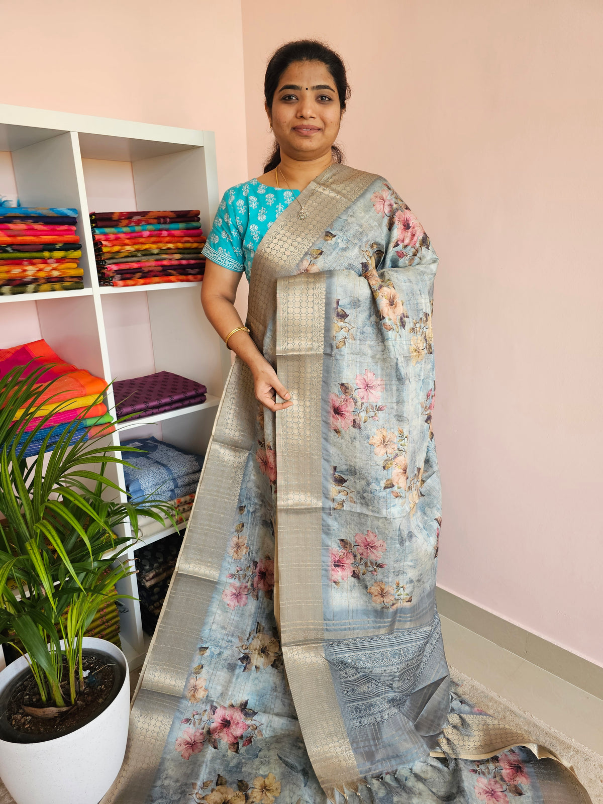 Semi Tussar with Classy Borders  - Blue