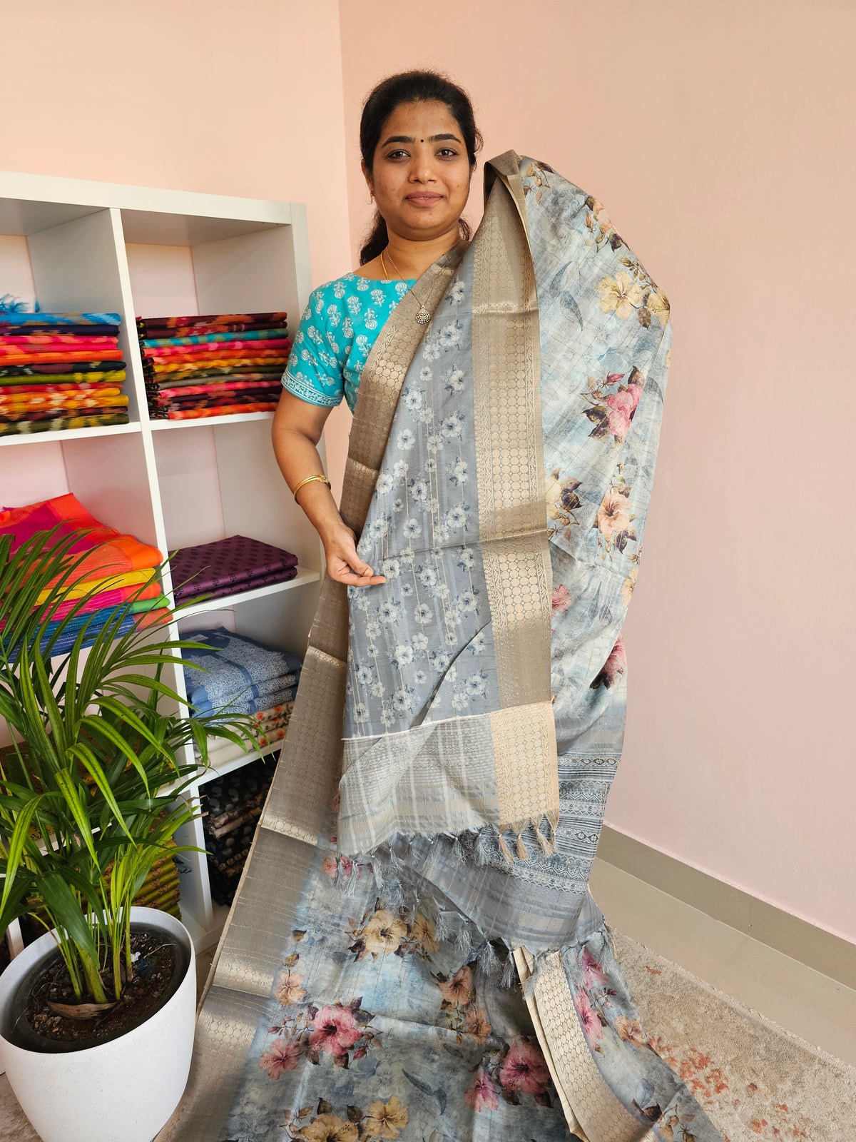 Semi Tussar with Classy Borders  - Blue