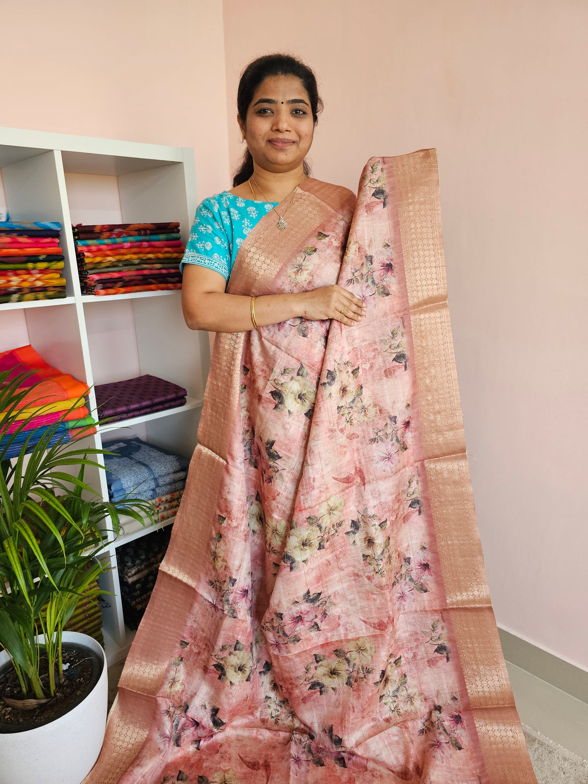 Semi Tussar with Classy Borders  - Peach