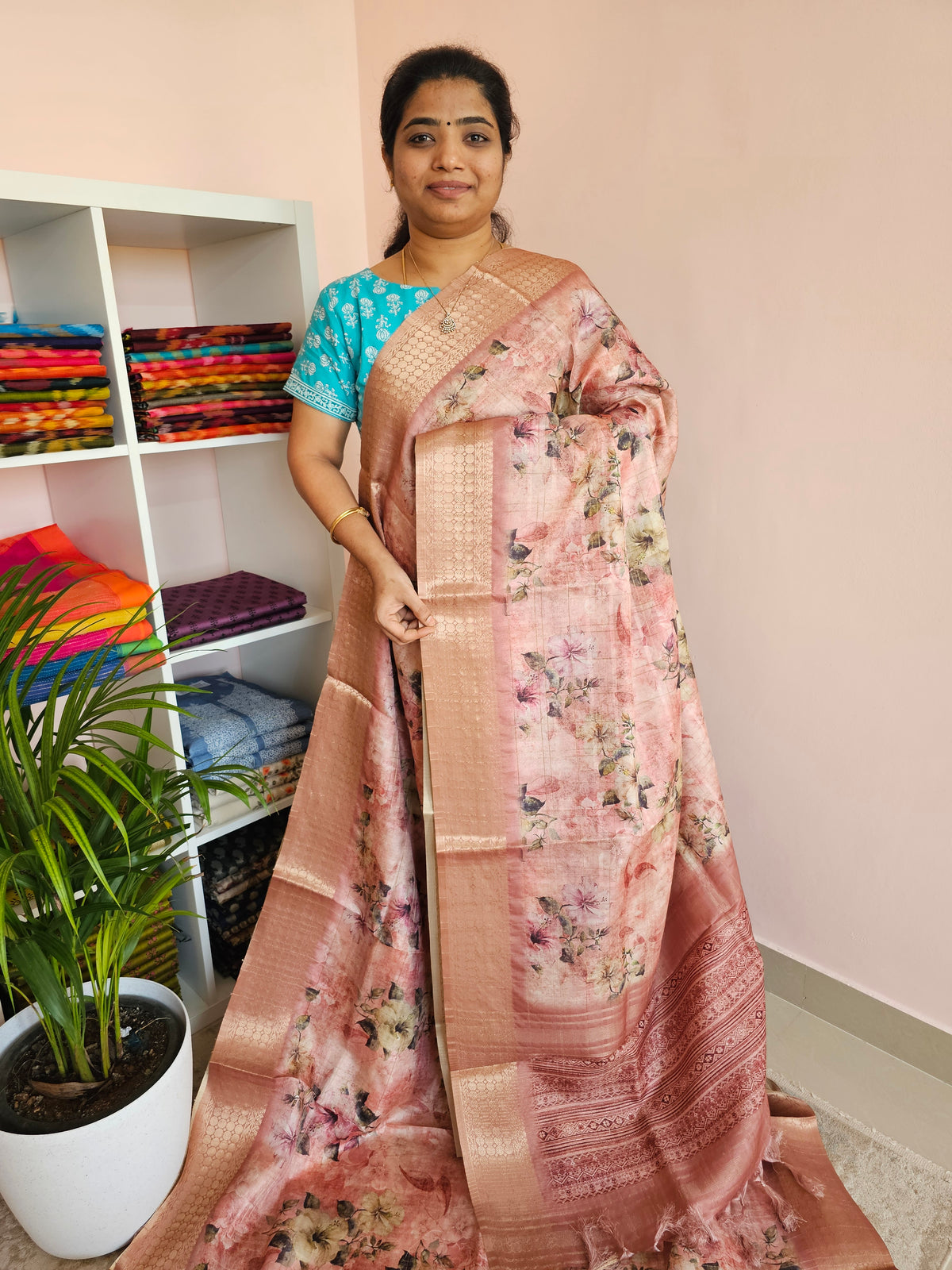 Semi Tussar with Classy Borders  - Peach