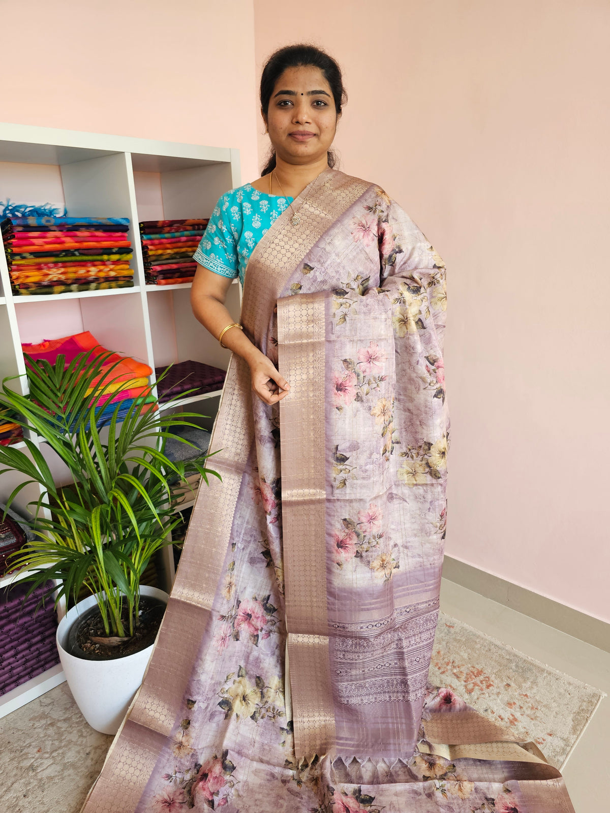 Semi Tussar with Classy Borders  - Lavender