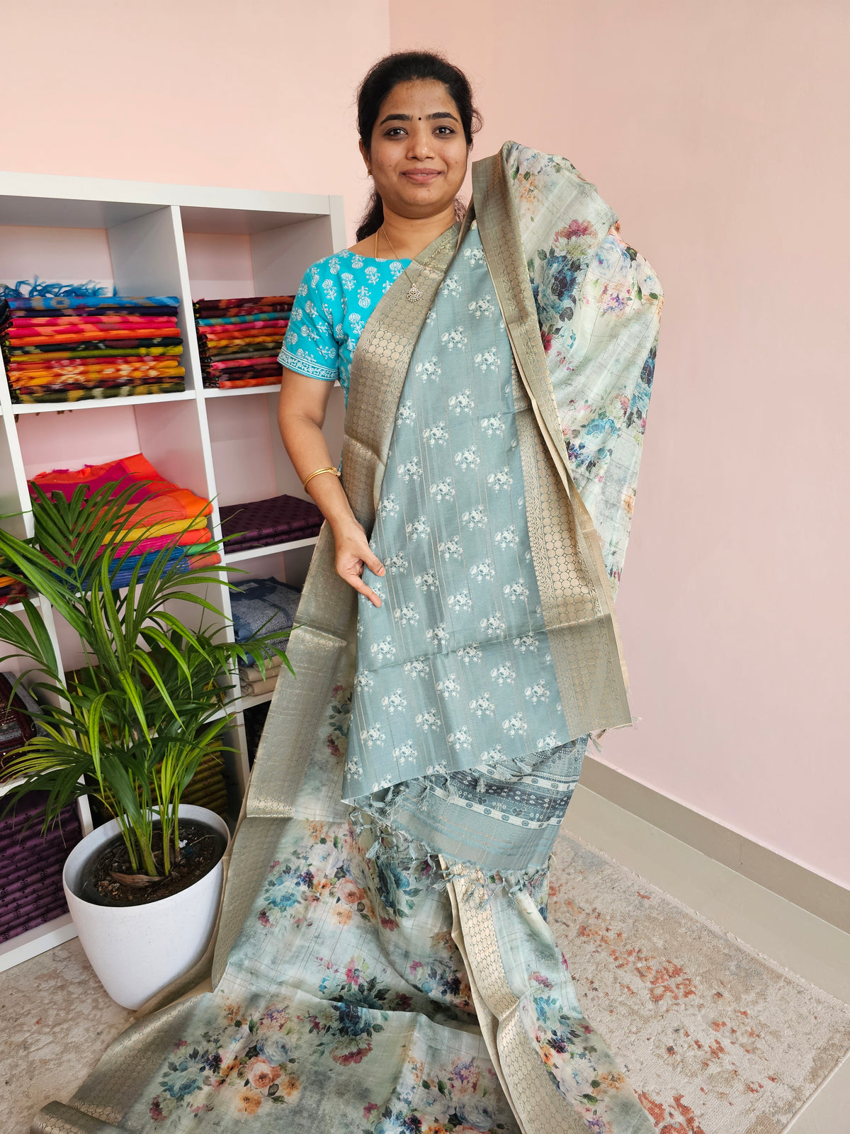 Semi Tussar with Classy Borders  - Blue