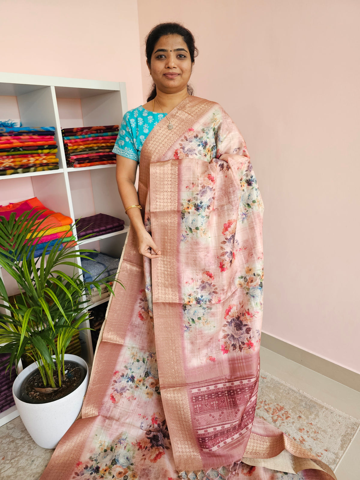 Semi Tussar with Classy Borders  - Pink
