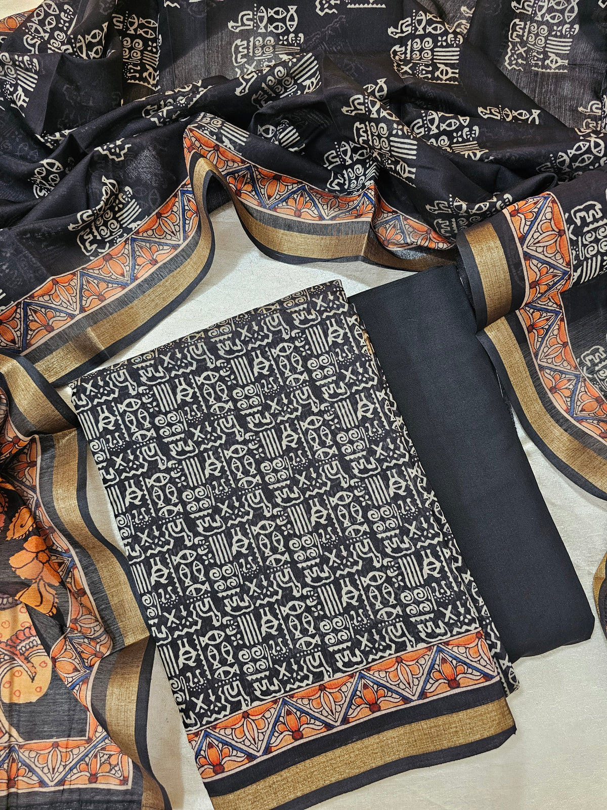 Linen Cotton Unstitched Salwar Suit  - Black