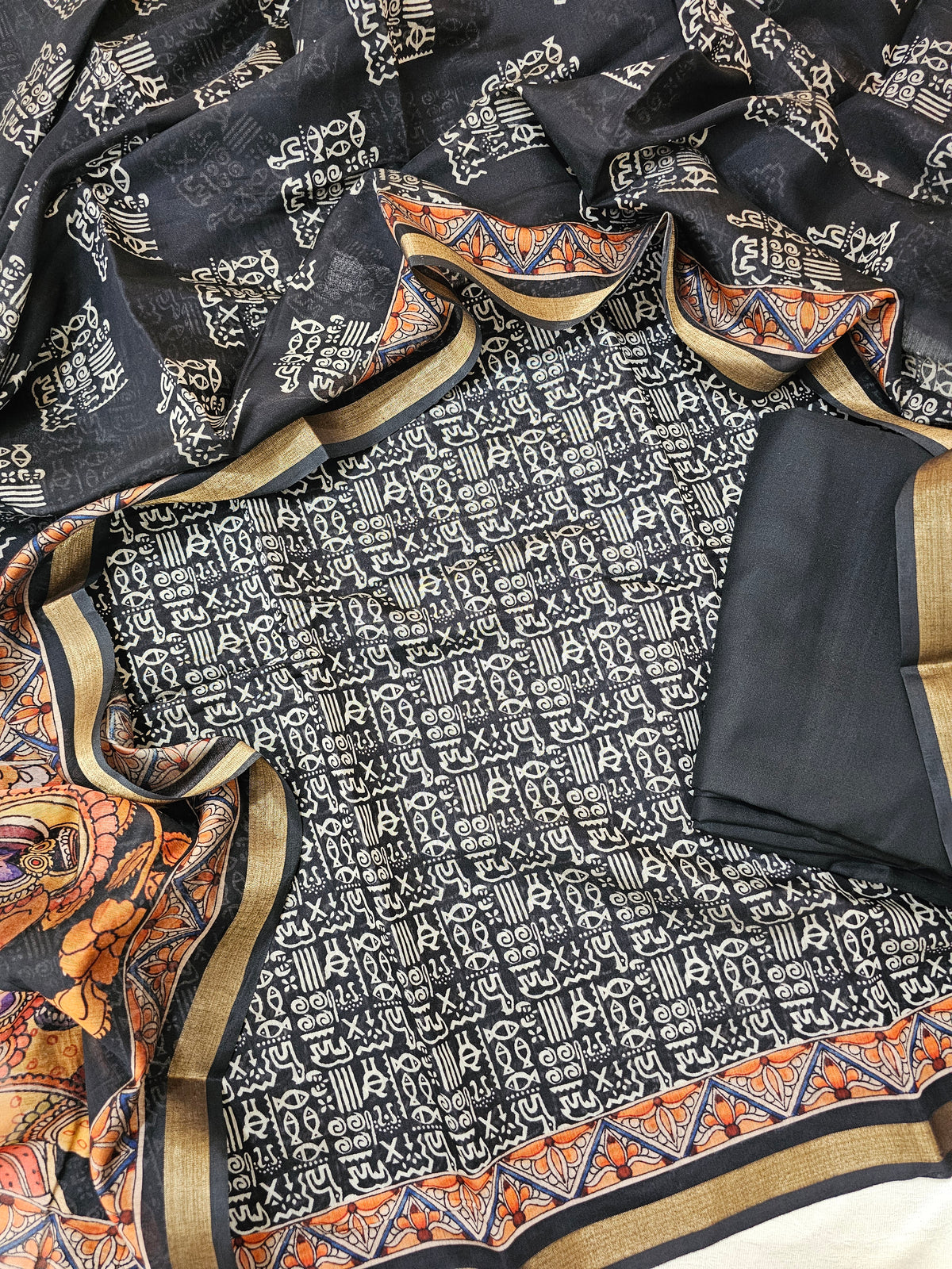 Linen Cotton Unstitched Salwar Suit  - Black