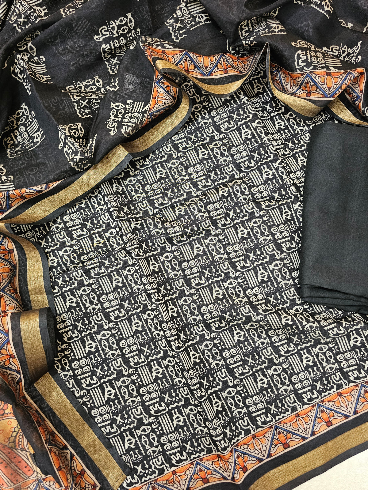 Linen Cotton Unstitched Salwar Suit  - Black