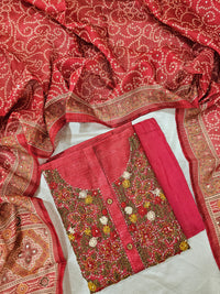 Semi Tussar Hand Emboridery Unstitched Salwar Suit  - Red
