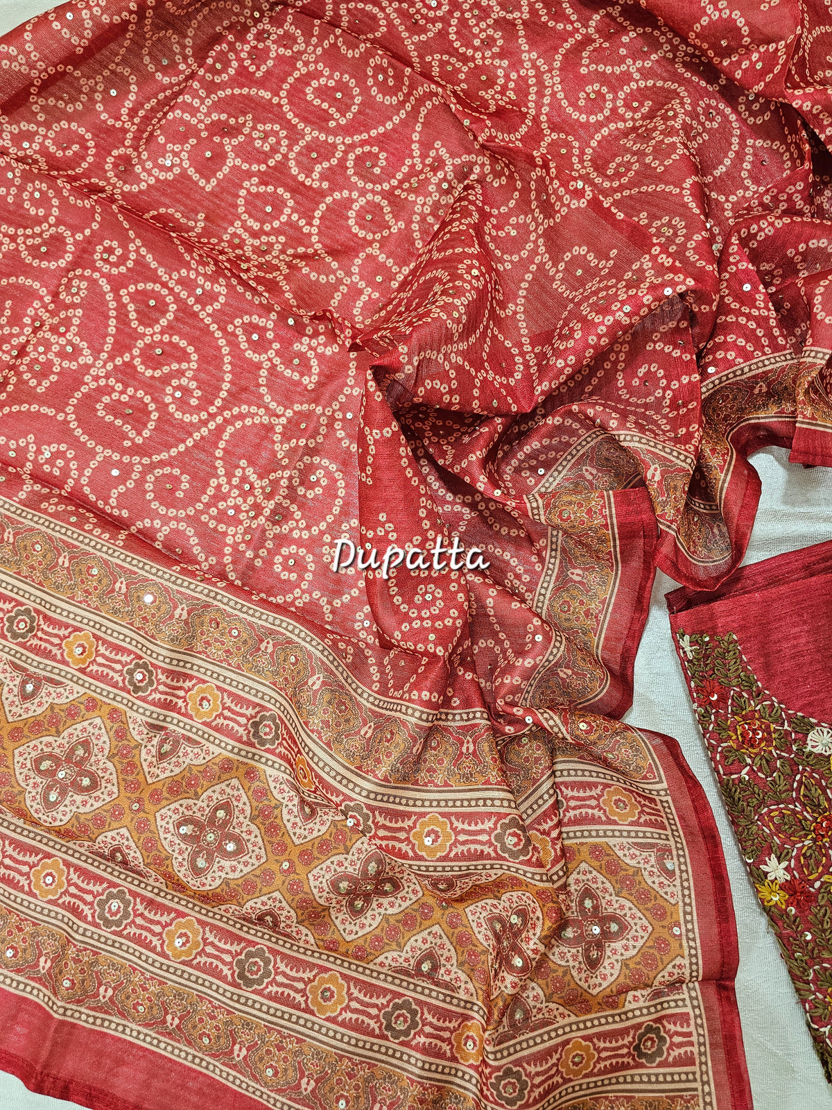 Semi Tussar Hand Emboridery Unstitched Salwar Suit  - Red