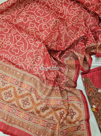 Semi Tussar Hand Emboridery Unstitched Salwar Suit  - Red