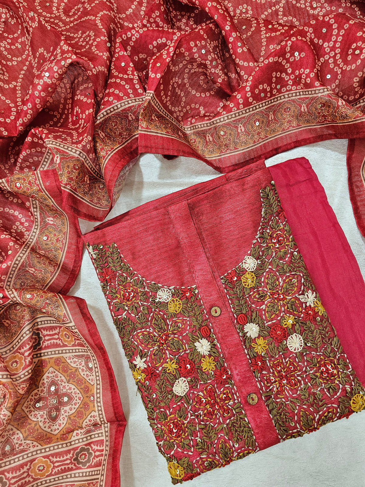 Semi Tussar Hand Emboridery Unstitched Salwar Suit  - Red