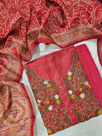 Semi Tussar Hand Emboridery Unstitched Salwar Suit  - Red