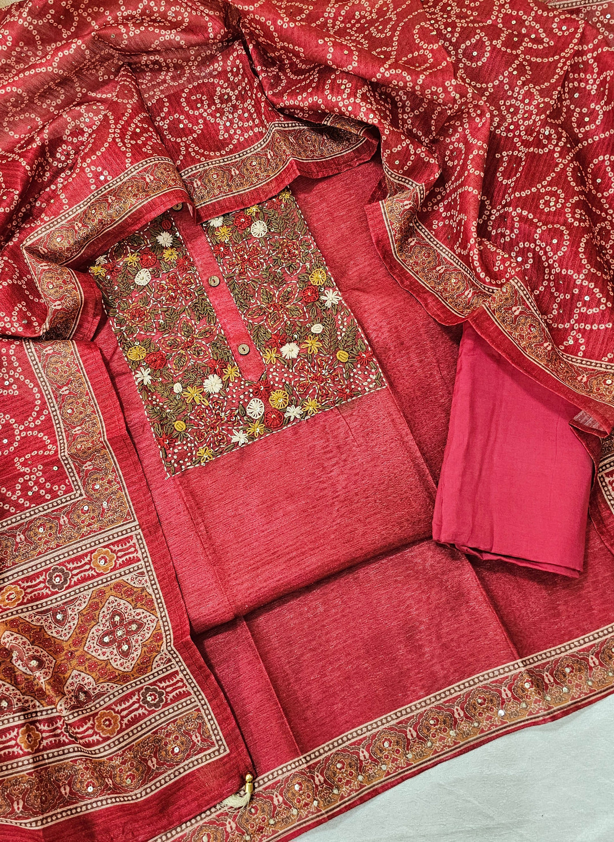 Semi Tussar Hand Emboridery Unstitched Salwar Suit  - Red