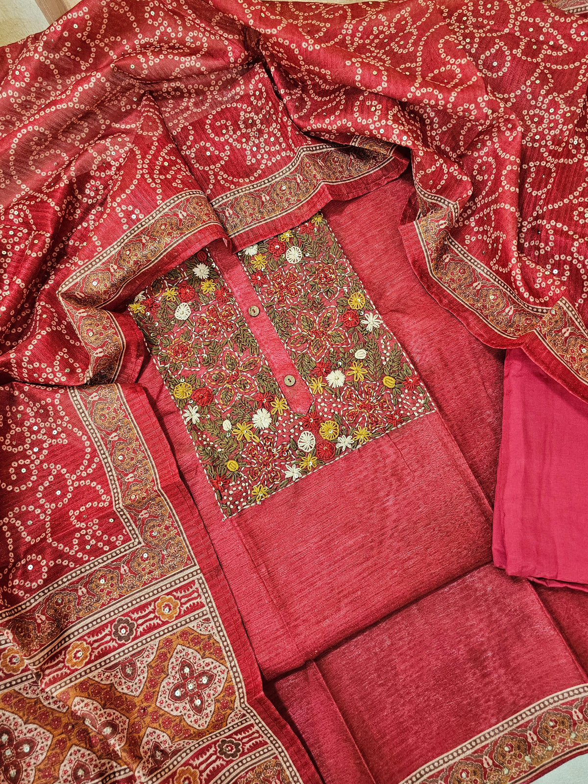 Semi Tussar Hand Emboridery Unstitched Salwar Suit  - Red