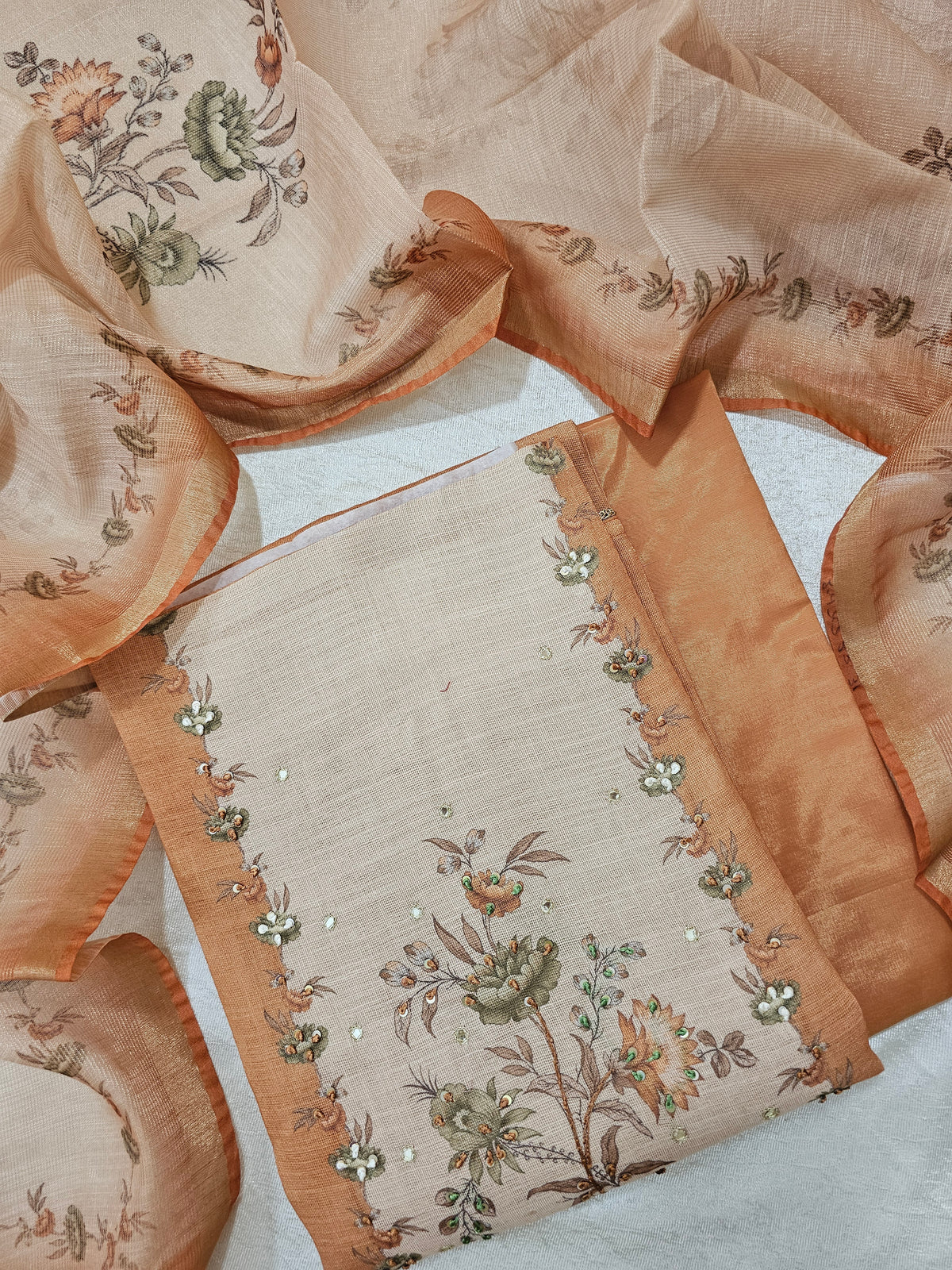 Linen Silk Bledned Tissue Unstitched Salwar Suit  - Orange cum Brown