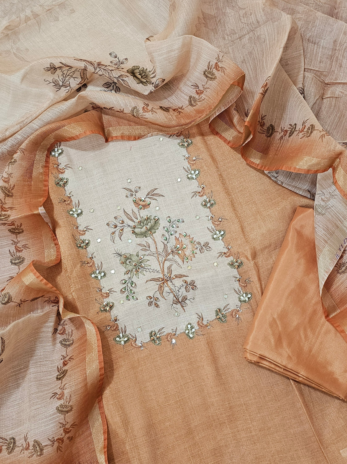 Linen Silk Bledned Tissue Unstitched Salwar Suit  - Orange cum Brown