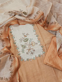 Linen Silk Bledned Tissue Unstitched Salwar Suit  - Orange cum Brown