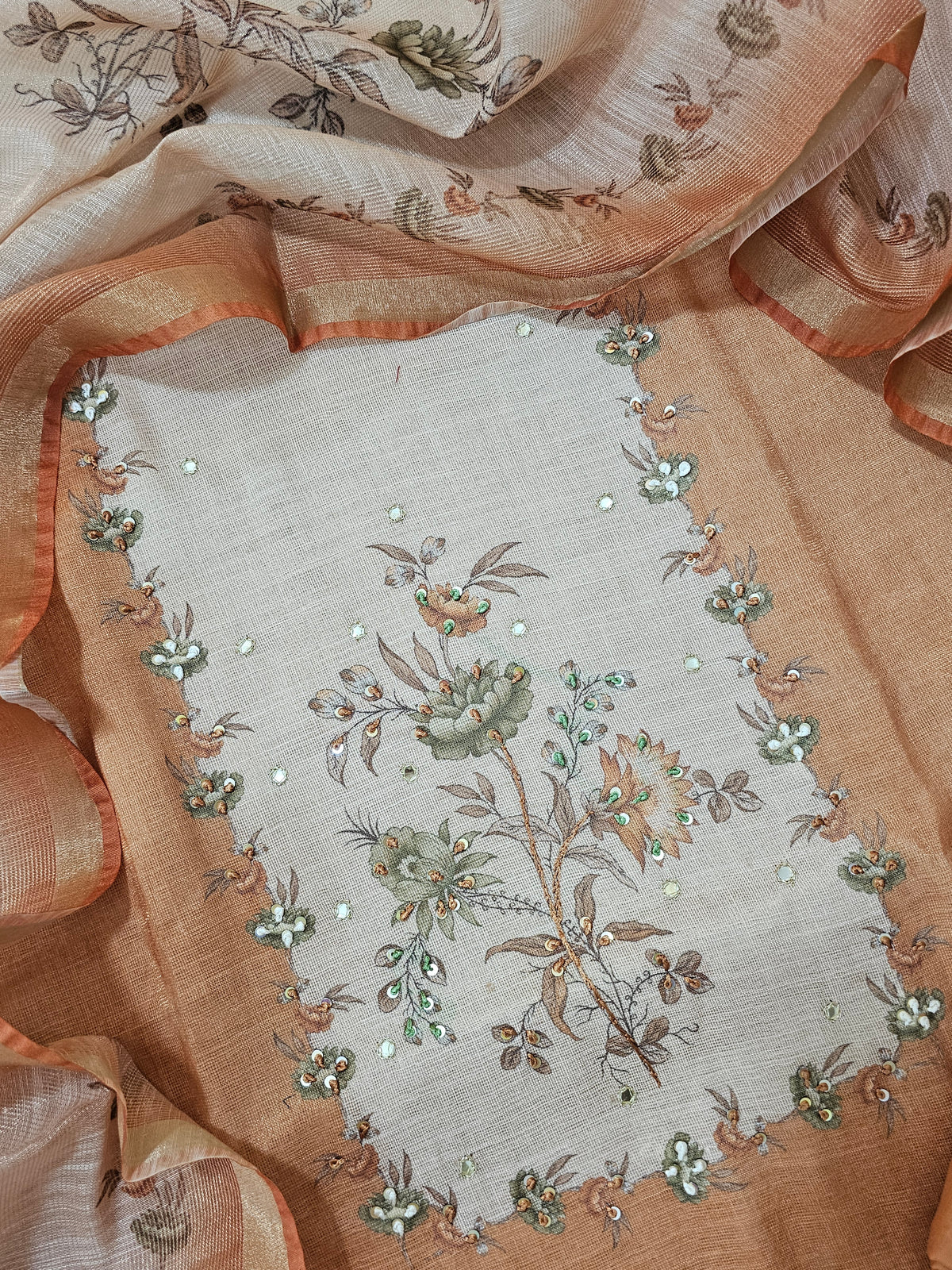 Linen Silk Bledned Tissue Unstitched Salwar Suit  - Orange cum Brown