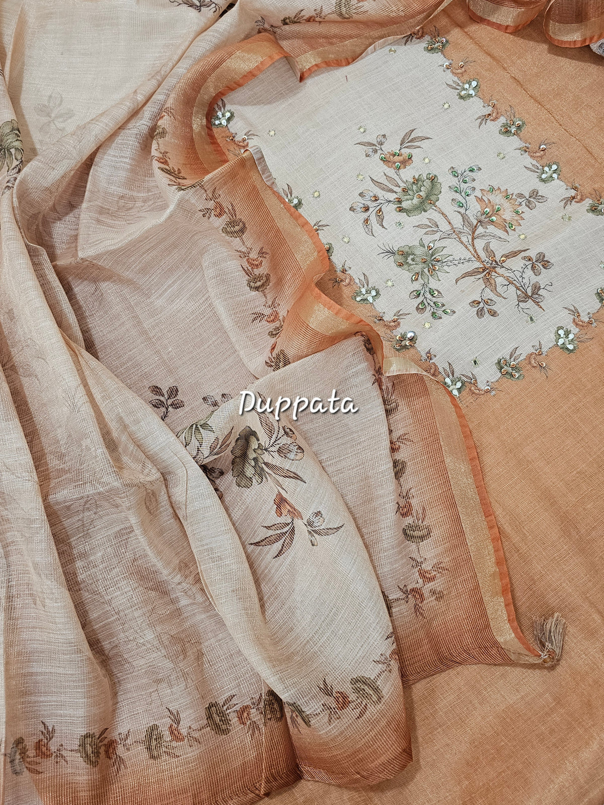 Linen Silk Bledned Tissue Unstitched Salwar Suit  - Orange cum Brown