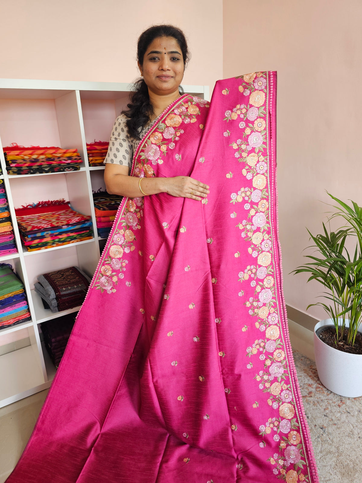 Semi Raw Silk with Emboridery - Pink