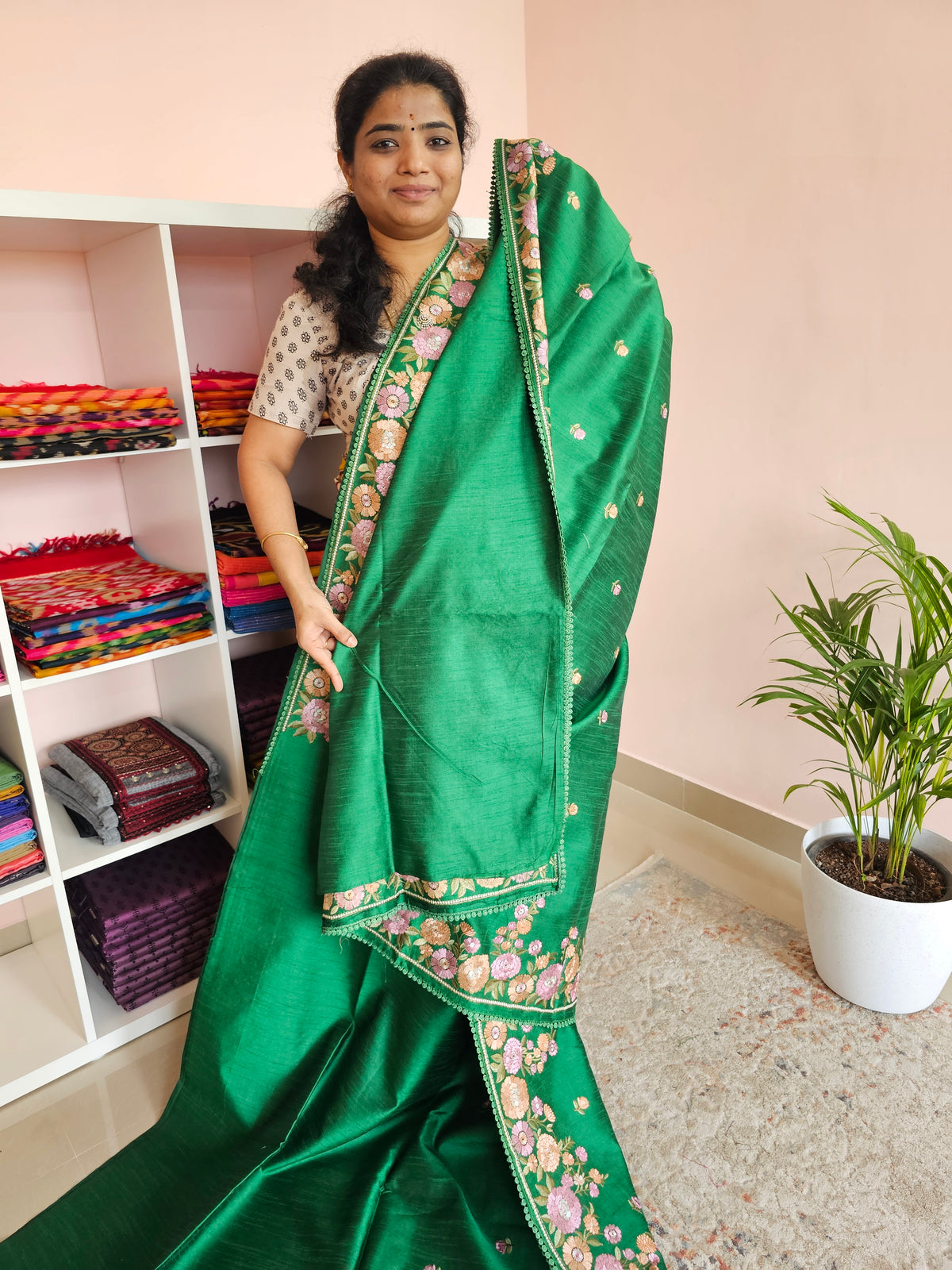 Semi Raw Silk with Emboridery - Dark Green