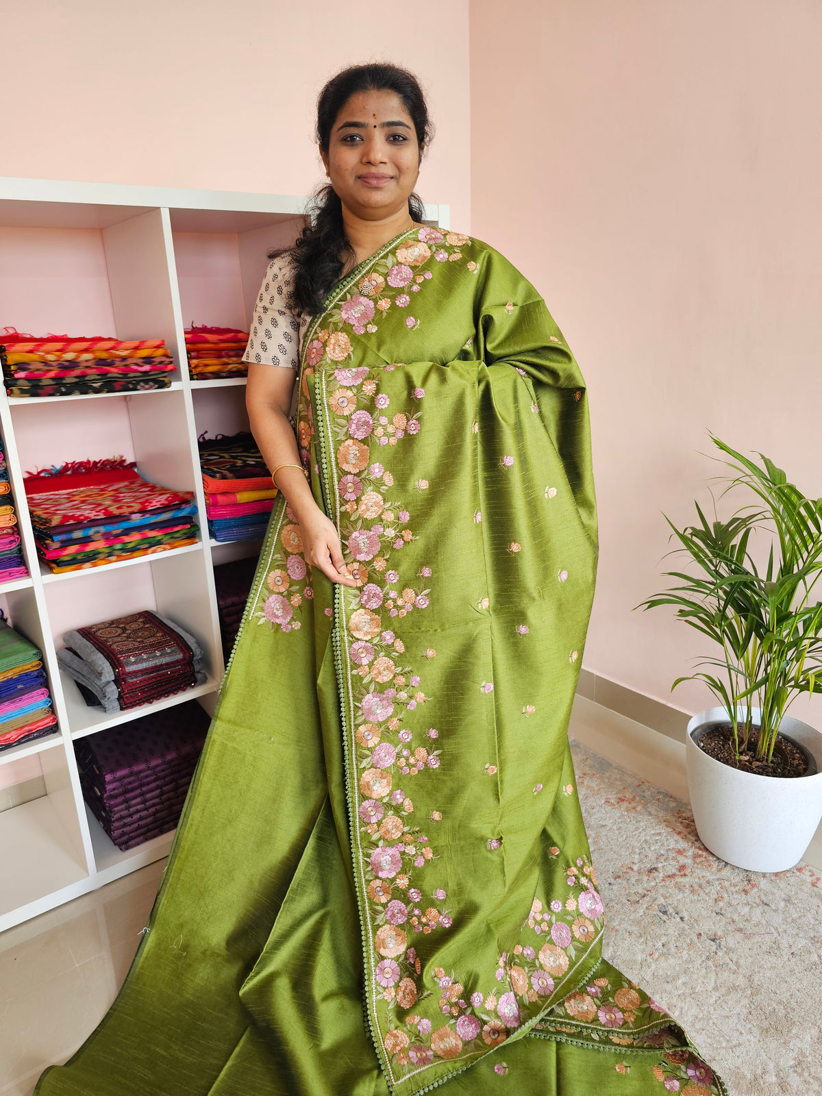 Semi Raw Silk with Emboridery - Green