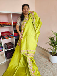 Semi Raw Silk with Emboridery - Neon Green