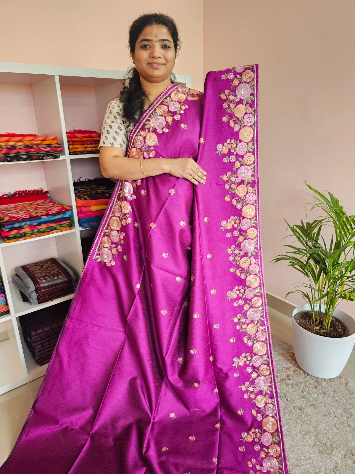 Semi Raw Silk with Emboridery - Magenta Pink