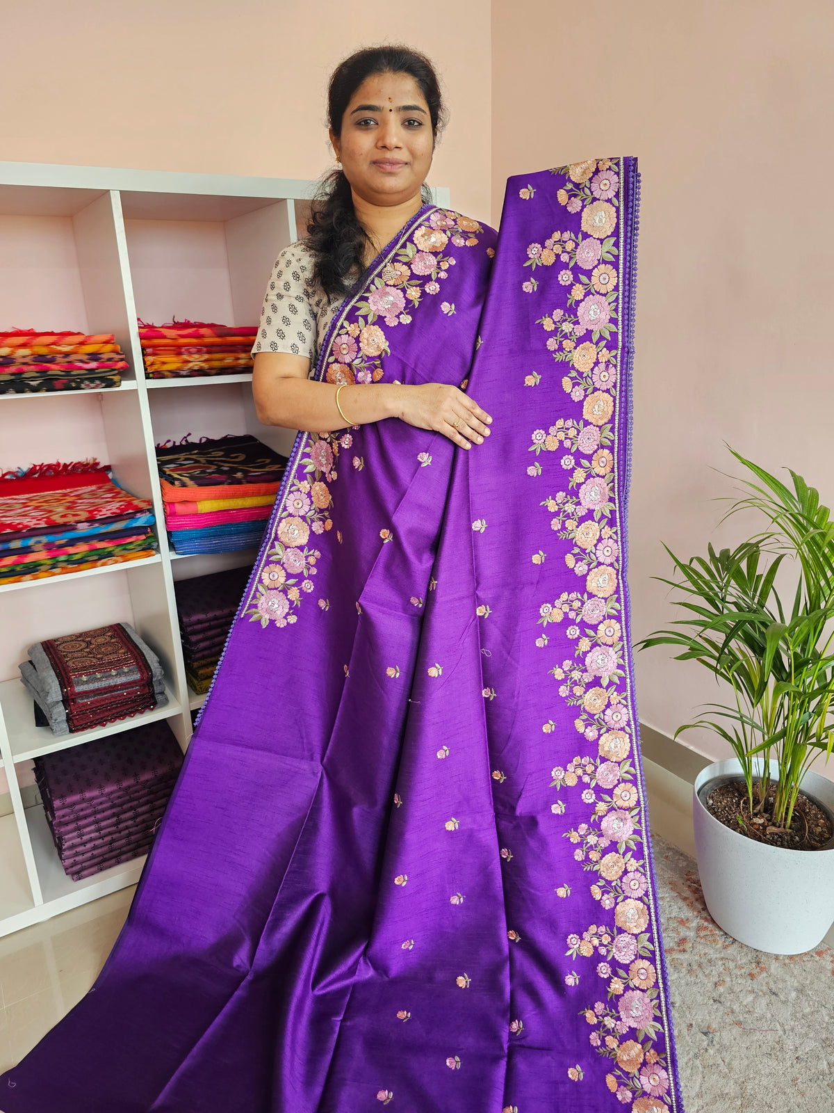 Semi Raw Silk with Emboridery -  Purple
