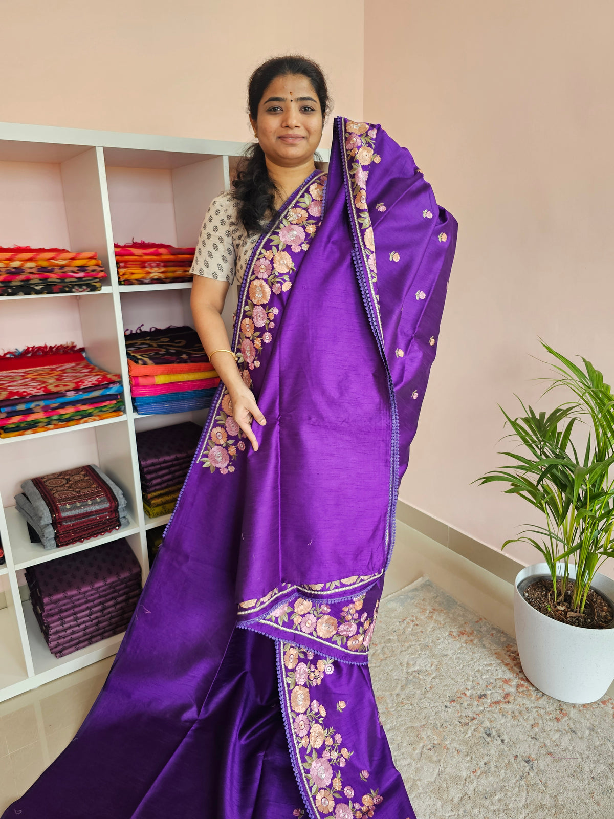 Semi Raw Silk with Emboridery -  Purple