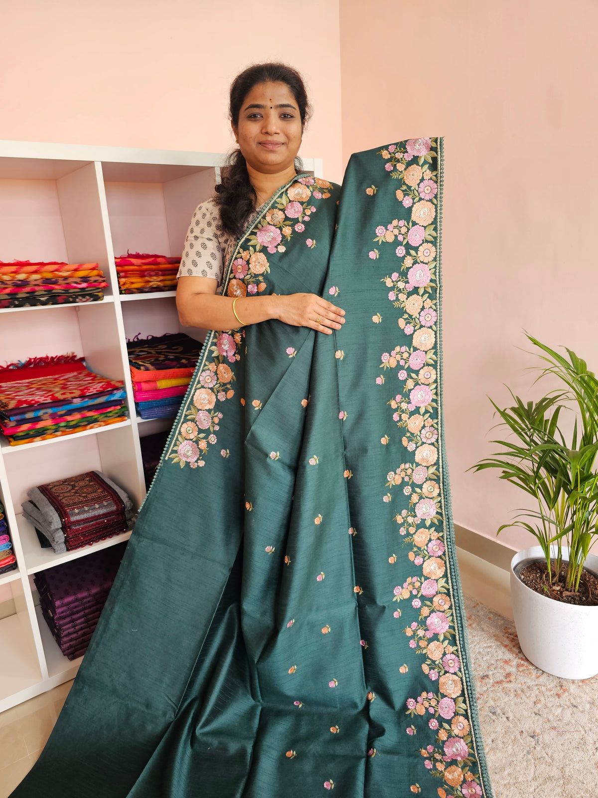 Semi Raw Silk with Emboridery - Dark Green