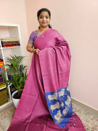 Soft Semi Tussar Checks Weaving with Pichwai Pattern - Pink with Blue