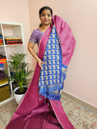 Soft Semi Tussar Checks Weaving with Pichwai Pattern - Pink with Blue