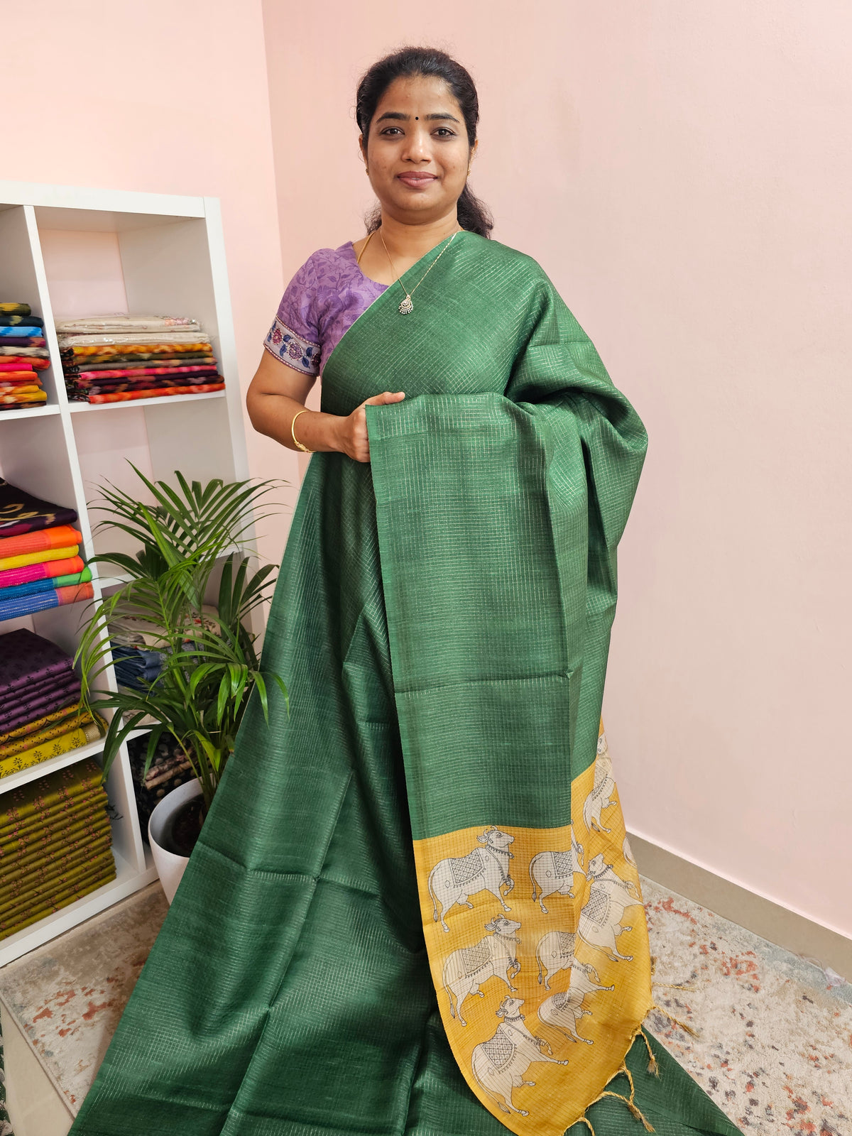 Soft Semi Tussar Checks Weaving with Pichwai Pattern - Green with Yellow