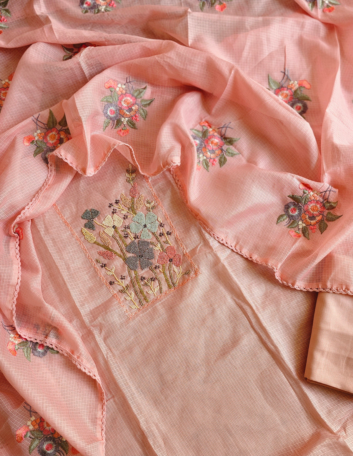 Semi Tussar Kota with Heavy Work Unstitched Salwar - Baby Pink