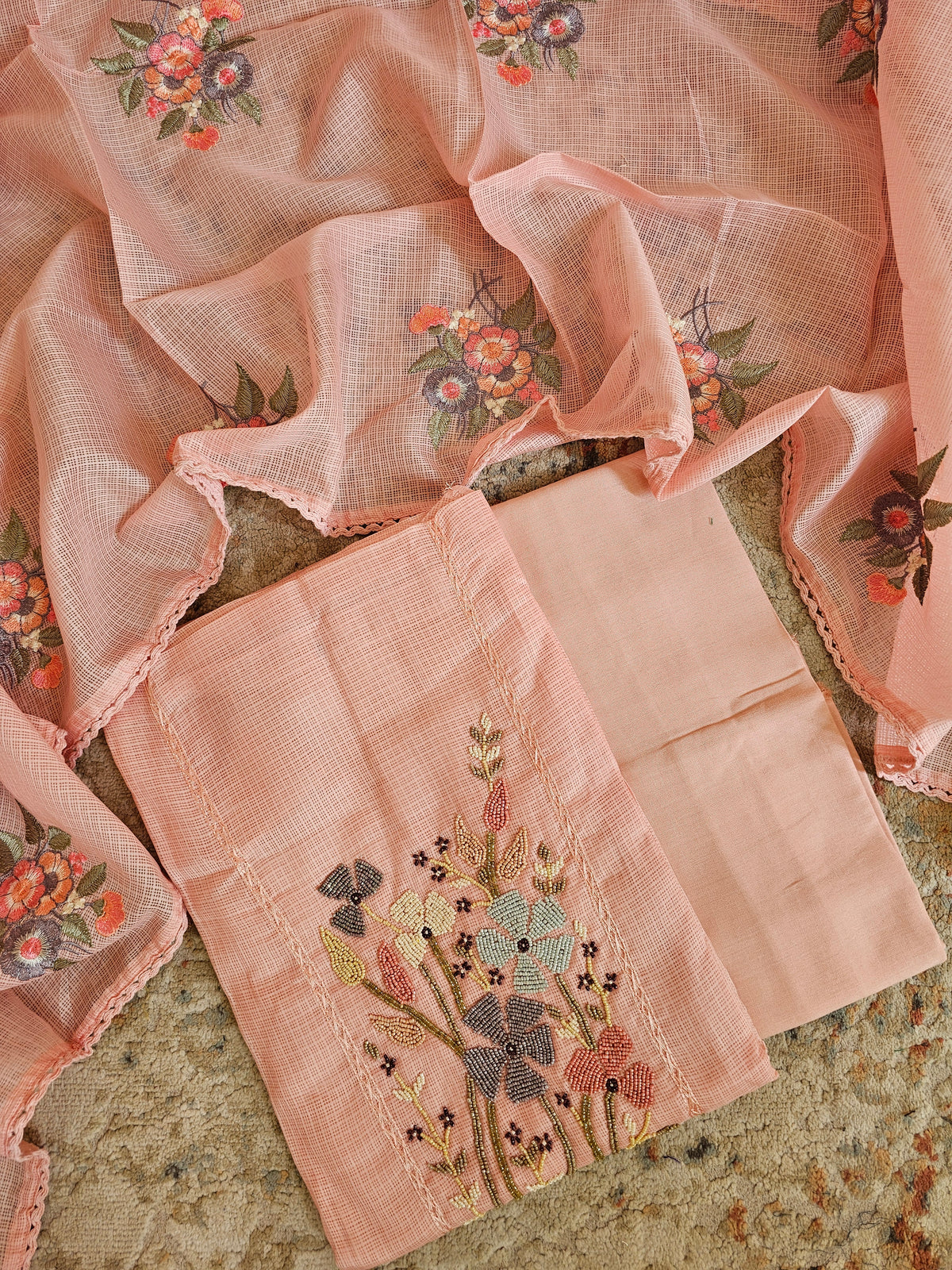 Semi Tussar Kota with Heavy Work Unstitched Salwar - Baby Pink