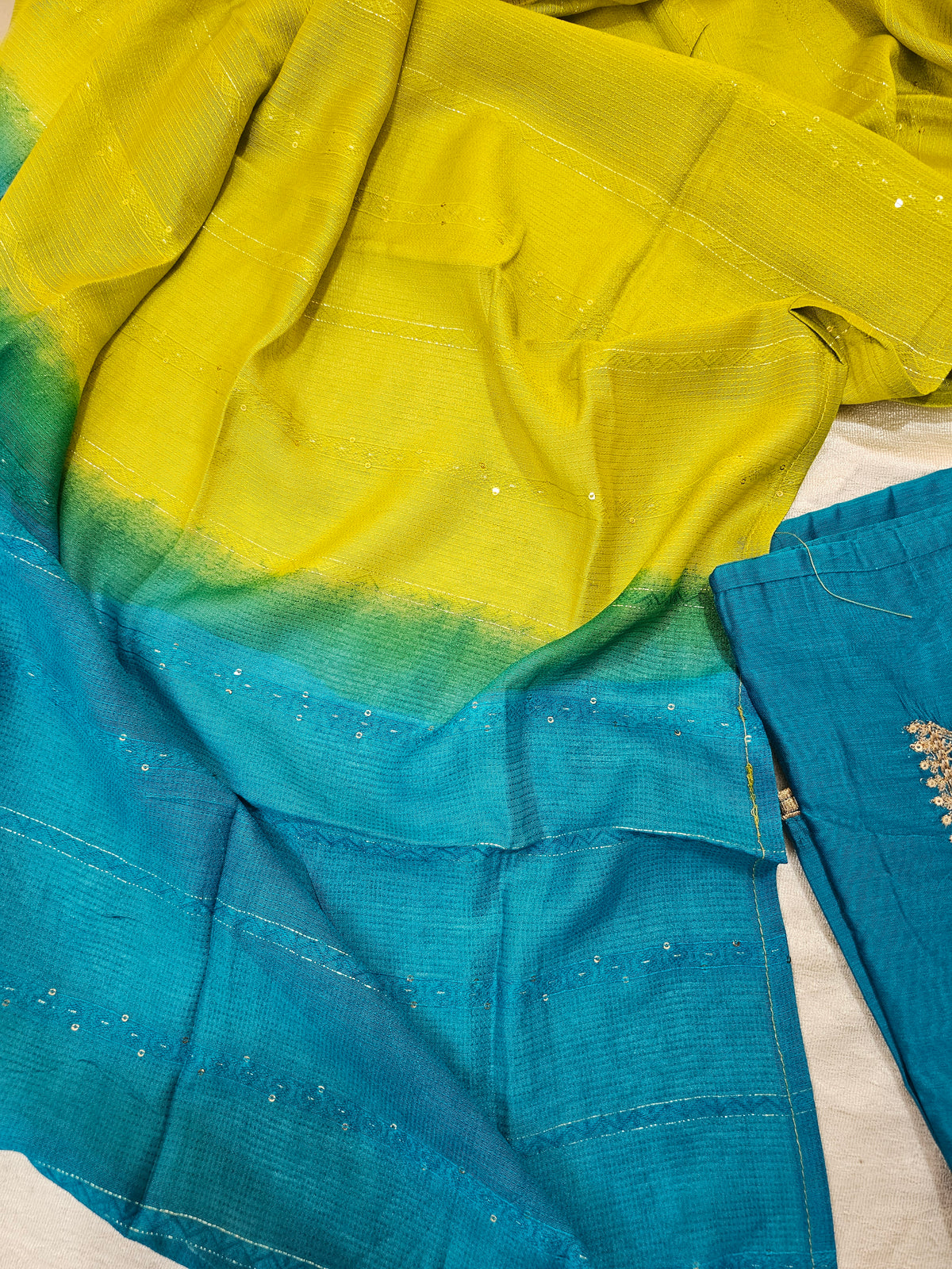 Semi Tussar Silk Unstitched Salwar - Peacock Blue with Green