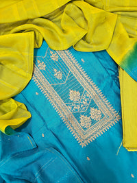 Semi Tussar Silk Unstitched Salwar - Peacock Blue with Green