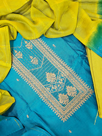 Semi Tussar Silk Unstitched Salwar - Peacock Blue with Green