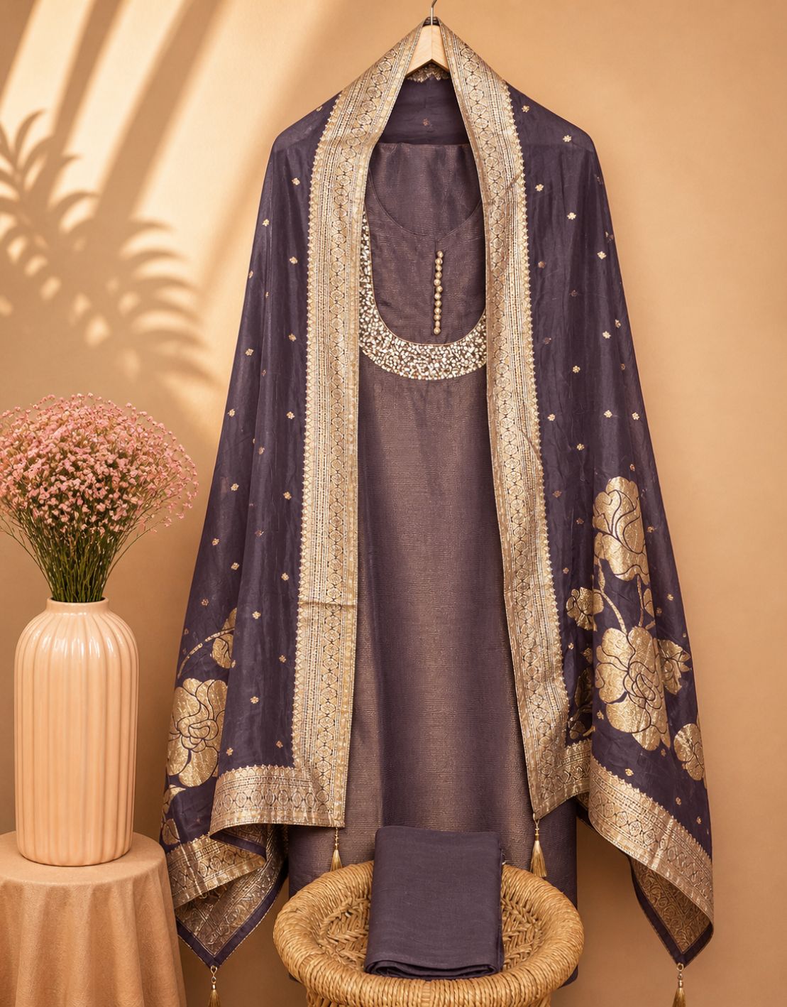Soft Tissue Silk Unstitched Salwar Set – Dark Purple – Looms Legacy