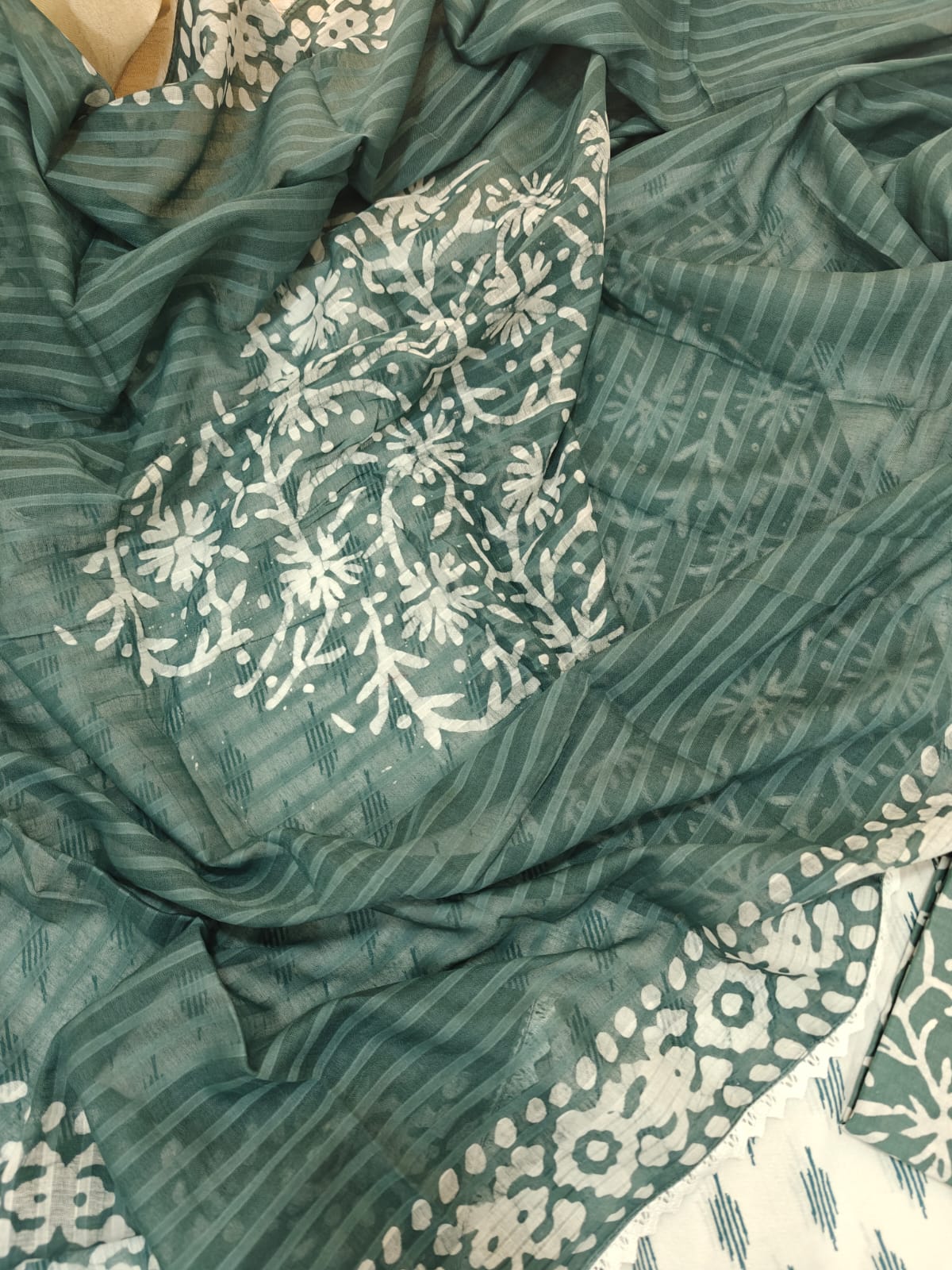 Premium Soft Cotton Unstitched Suit with Patch Work Neck - White with Dark Sea Green