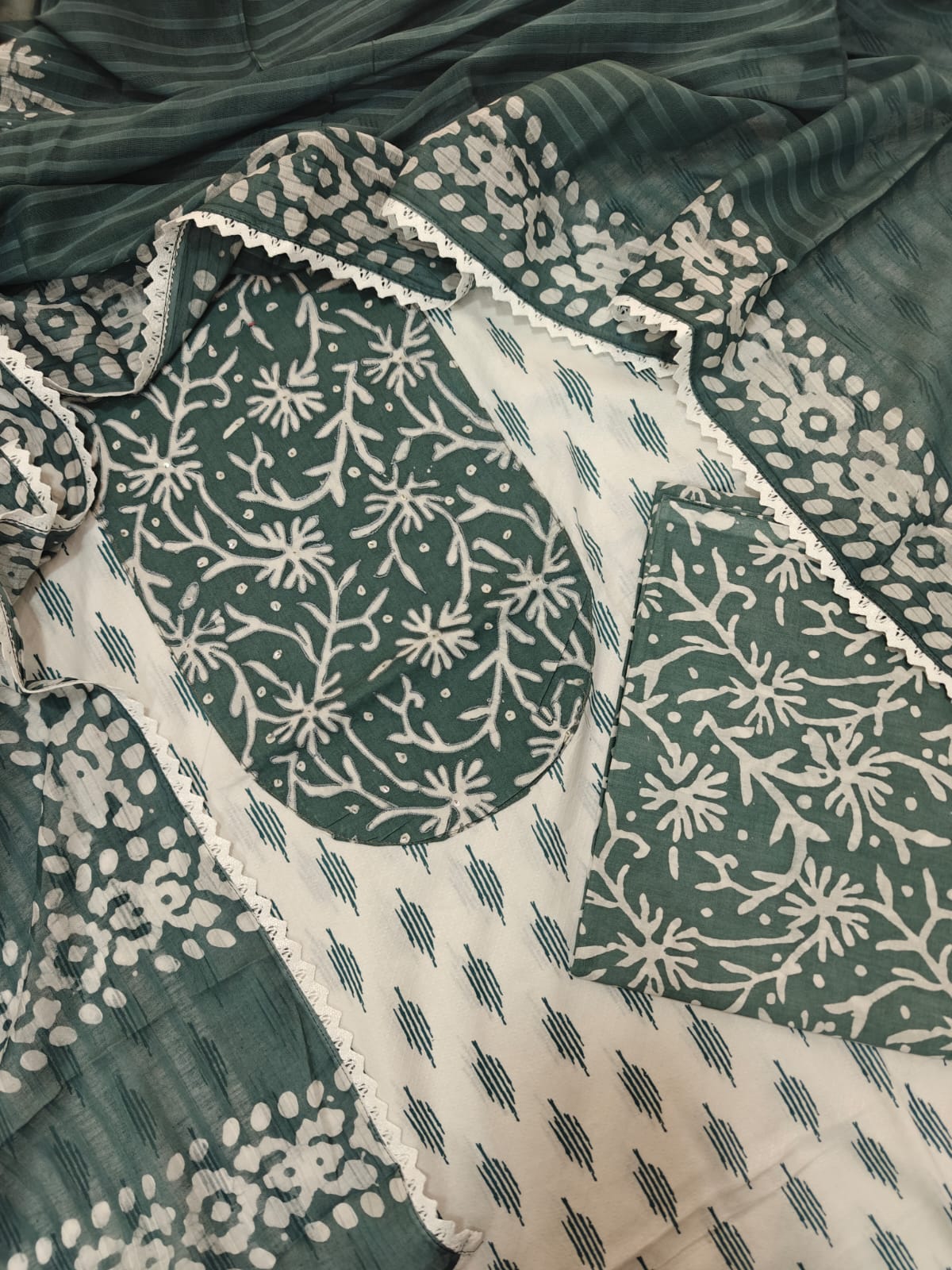 Premium Soft Cotton Unstitched Suit with Patch Work Neck - White with Dark Sea Green