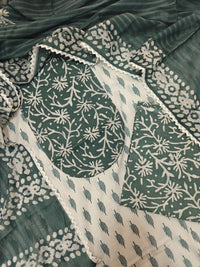 Premium Soft Cotton Unstitched Suit with Patch Work Neck - White with Dark Sea Green