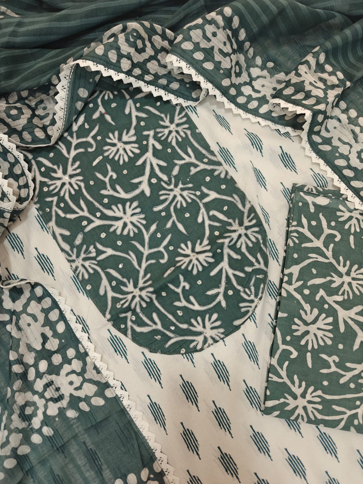 Premium Soft Cotton Unstitched Suit with Patch Work Neck - White with Dark Sea Green
