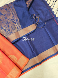 Dark Orange with Blue Copper Zari Woven Border Semi Soft Silk Saree