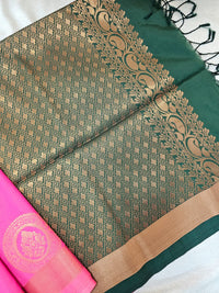 Pink  with Dark Green Copper Zari Woven Border Semi Soft Silk Saree
