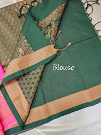 Pink  with Dark Green Copper Zari Woven Border Semi Soft Silk Saree
