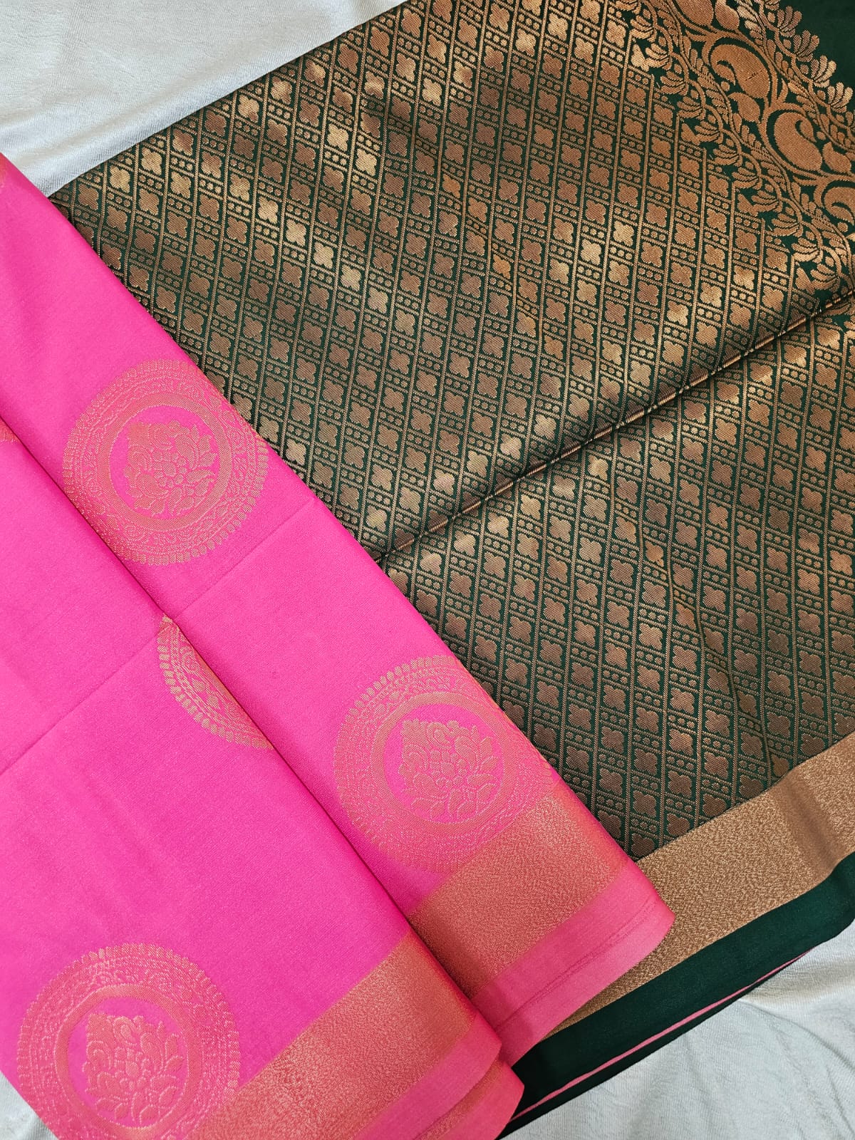 Pink  with Dark Green Copper Zari Woven Border Semi Soft Silk Saree